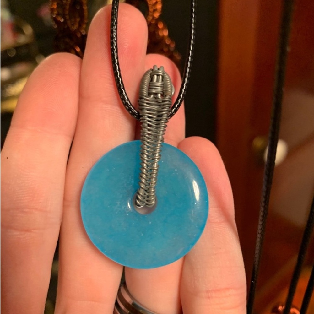 wire wrapped natural gemstone donut pendant